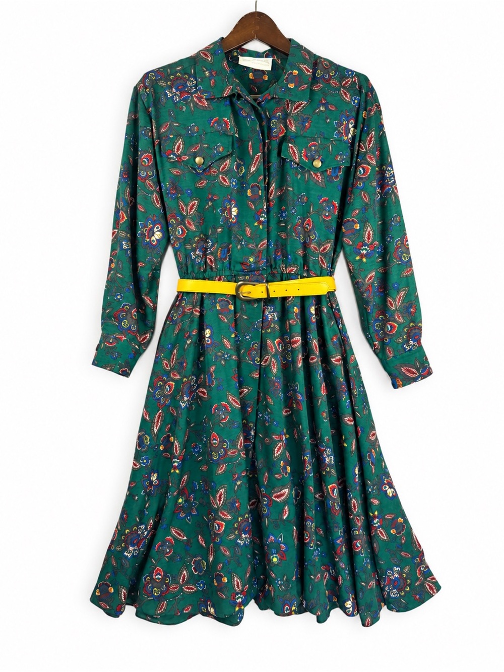 Vintage Schrader Floral Belted Midi Dress Emerald Green Petite